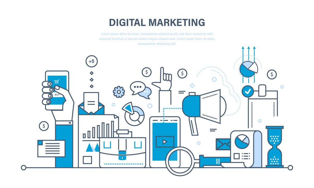 Blue line illustration titled Digital Marketing with megaphone, phone and chart icons