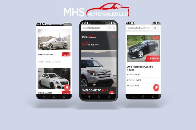 MHS Auto Sales LLC website shown on three smartphones