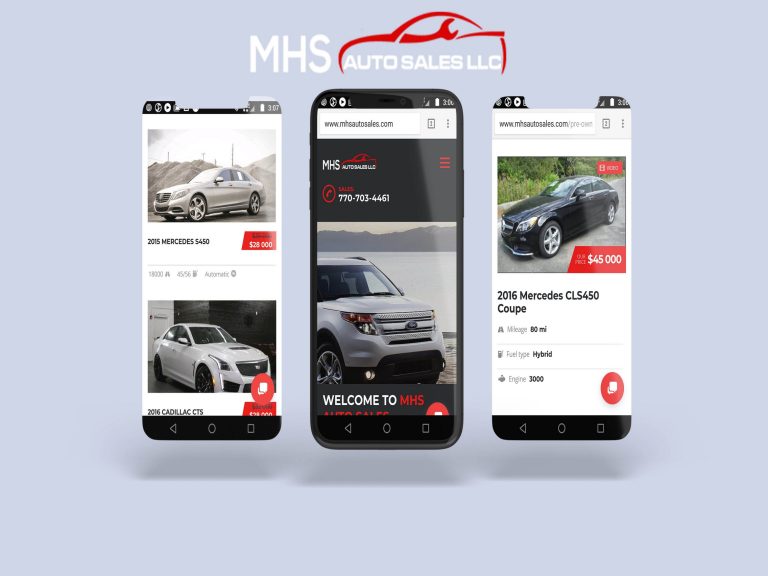 MHS Auto Sales LLC website shown on three smartphones