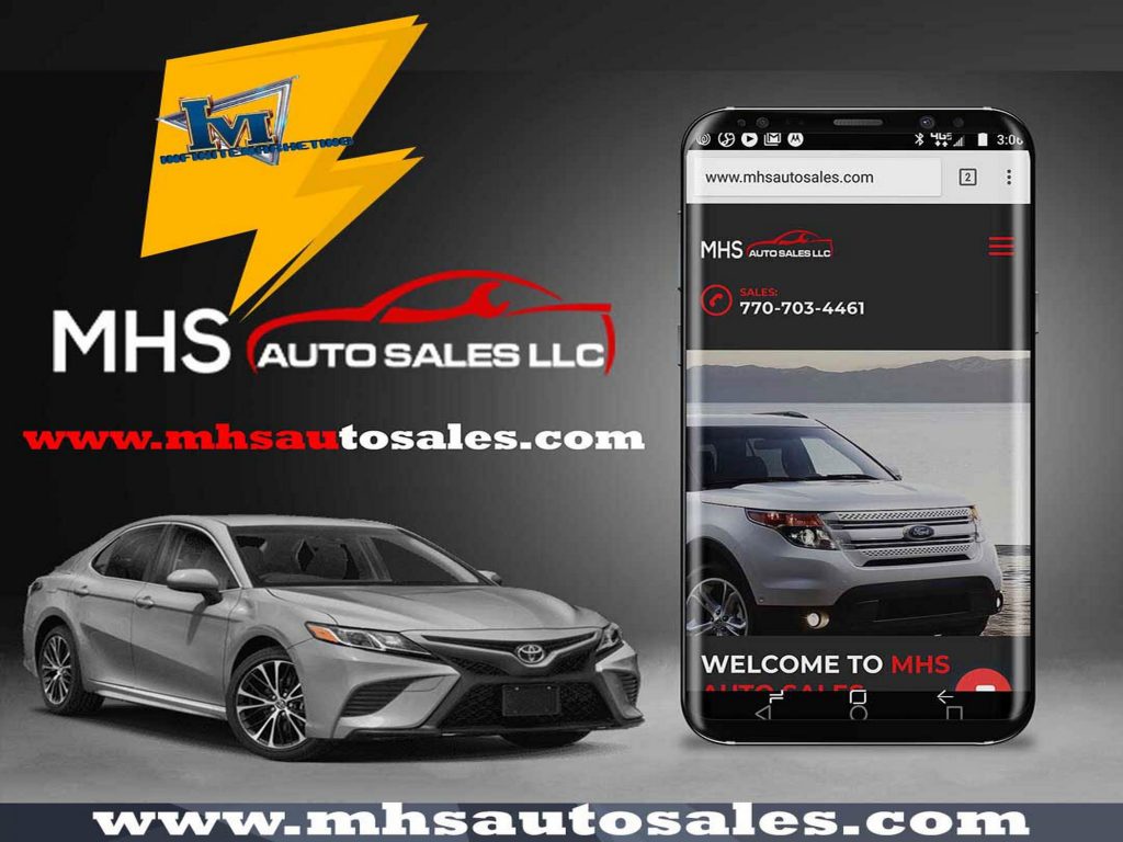 MHS Auto Sales LLC promotional graphic with a sedan and the website on a smartphone