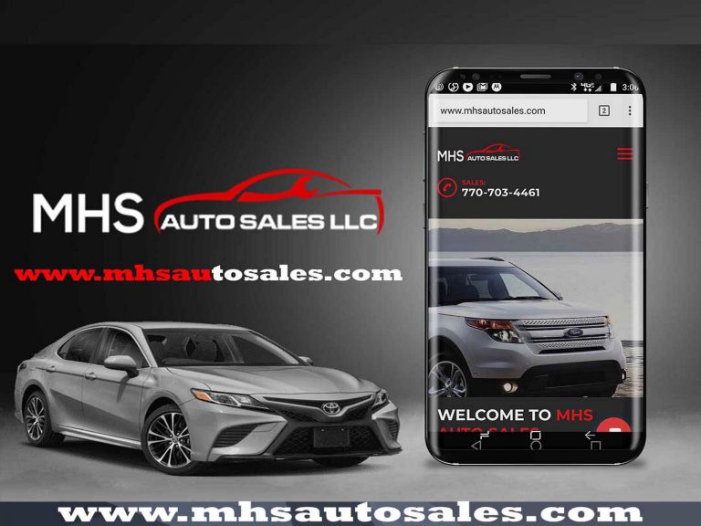 MHS Auto Sales LLC promotional graphic with a sedan and the website on a smartphone