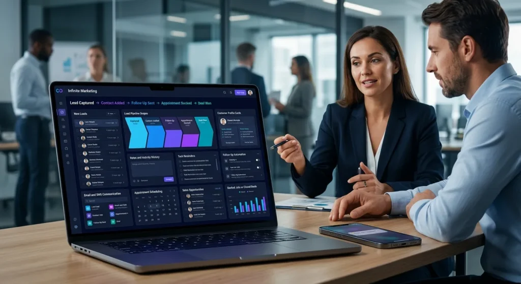 Man and woman talking at a laptop showing a dark analytics dashboard