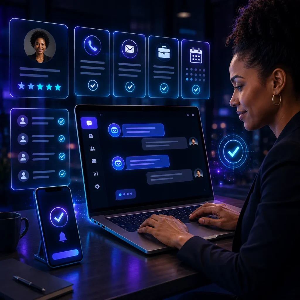 Woman working on a laptop surrounded by holographic panels for calls, reviews and messages