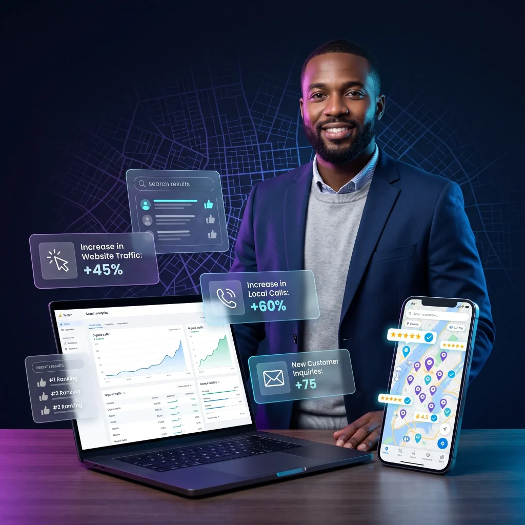 Smiling businessman with a laptop and phone showing analytics and floating growth stats