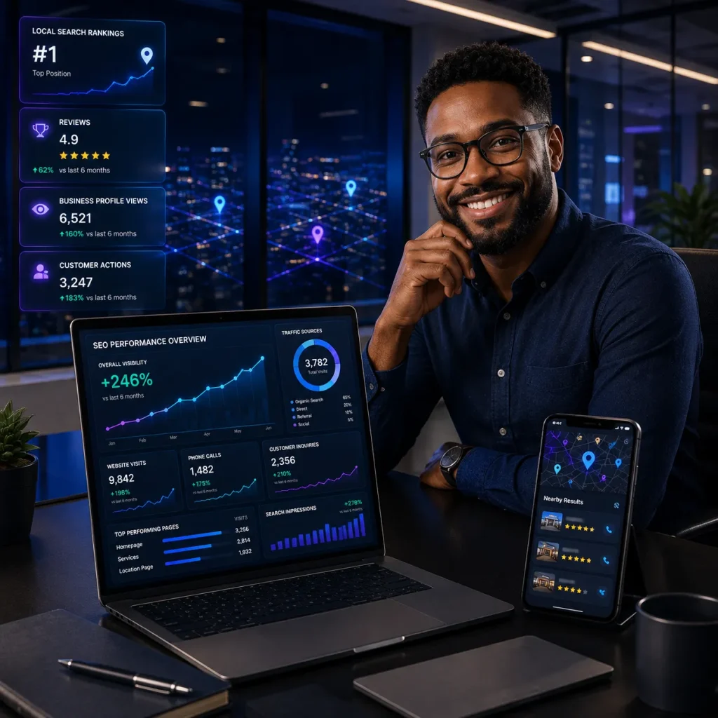 Smiling man with glasses beside a laptop and phone showing growth dashboards at night