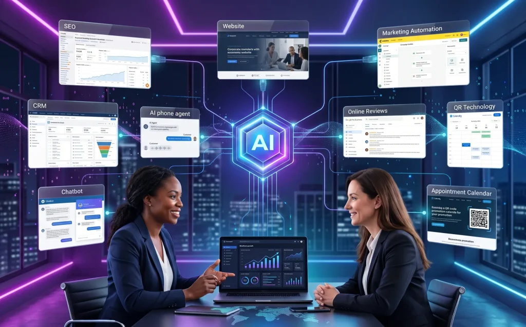 Two women at a desk under a glowing AI hub connected to floating dashboard screens
