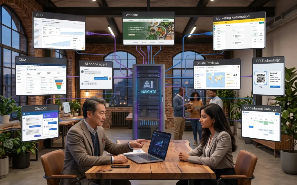 Man and woman at a wooden table in a brick loft office with floating workflow screens