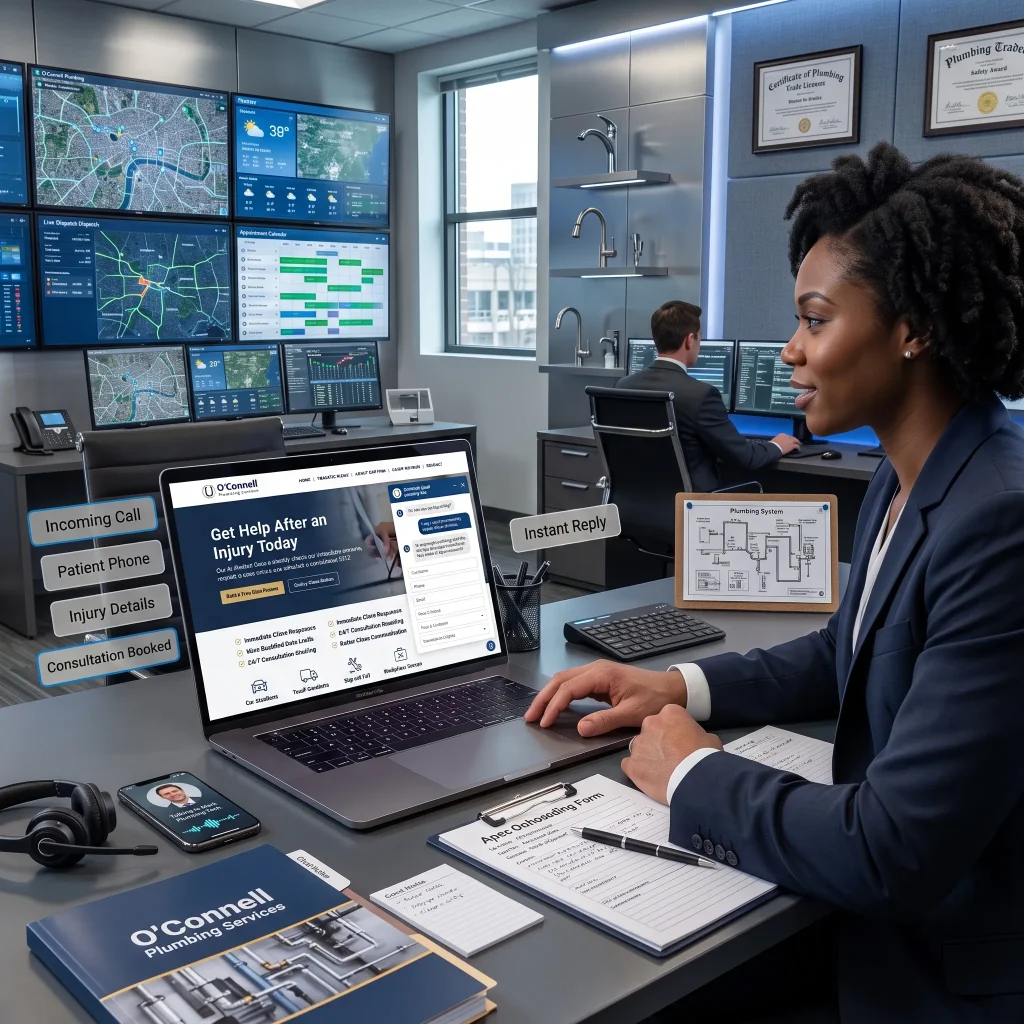 Woman at a laptop in an office with a wall of monitors showing maps and support data