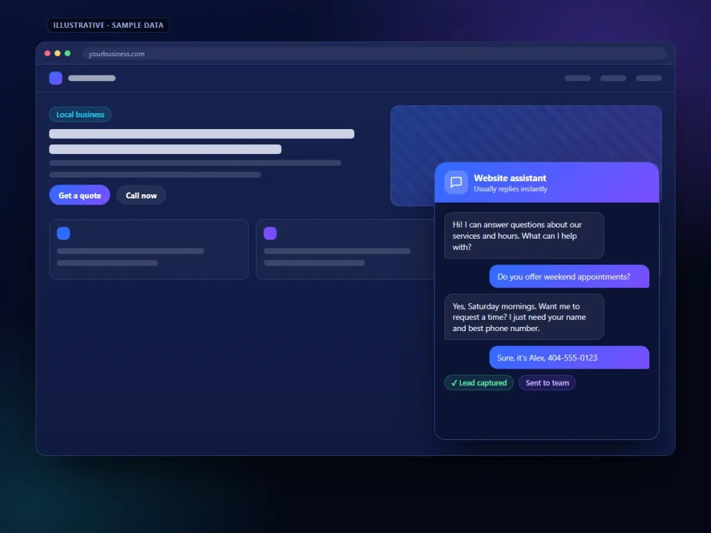 Illustrative website chatbot conversation capturing a lead
