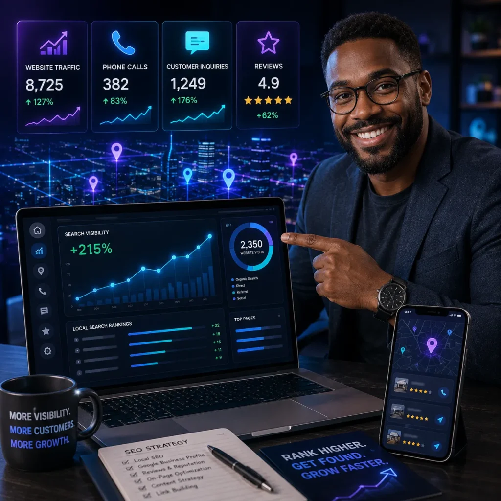 Smiling man pointing at a laptop dashboard showing traffic, calls and review stats