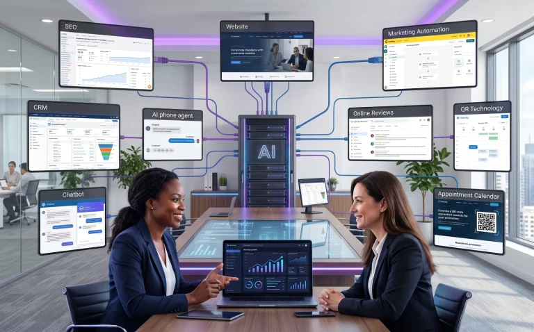 Two women at a desk with a central AI server linked to floating dashboard screens