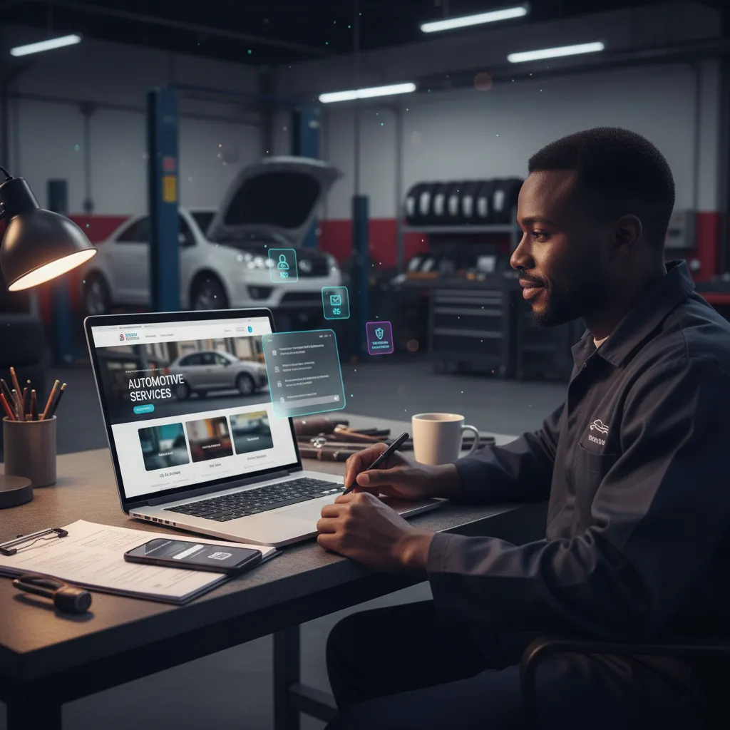Mechanic at a laptop in an auto repair shop with a car on a lift behind him