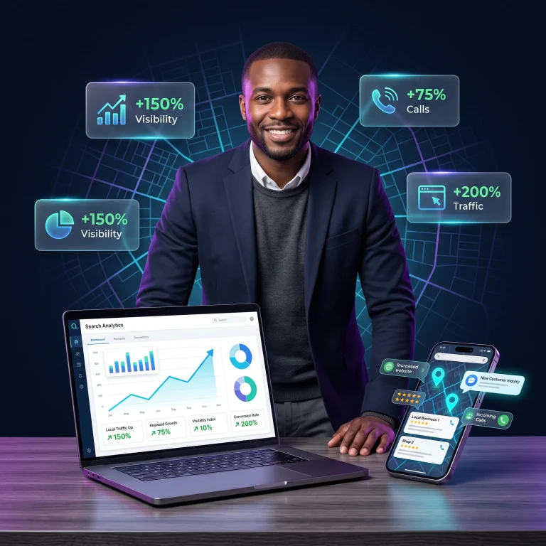 Smiling businessman at a laptop with floating stats for visibility, calls and traffic