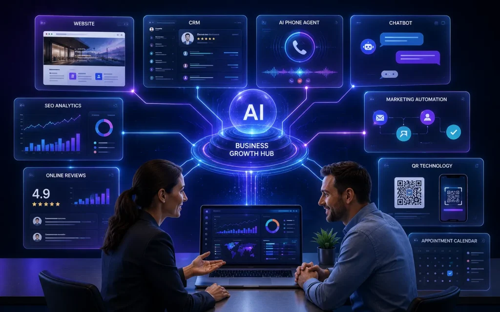 Man and woman at a desk below an AI business growth hub with connected panels
