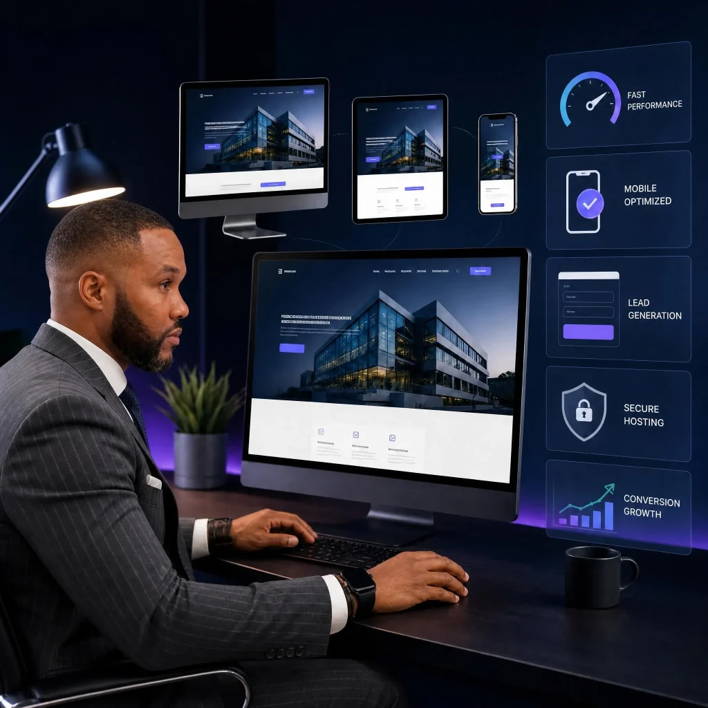 Businessman at a desk with monitors showing a business website and floating service panels