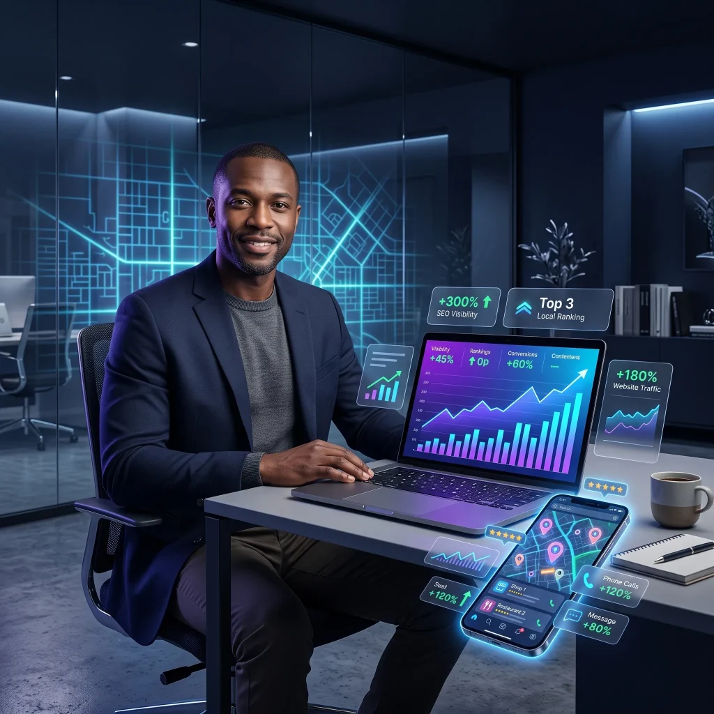 Man at a laptop in a dark office with holographic growth charts