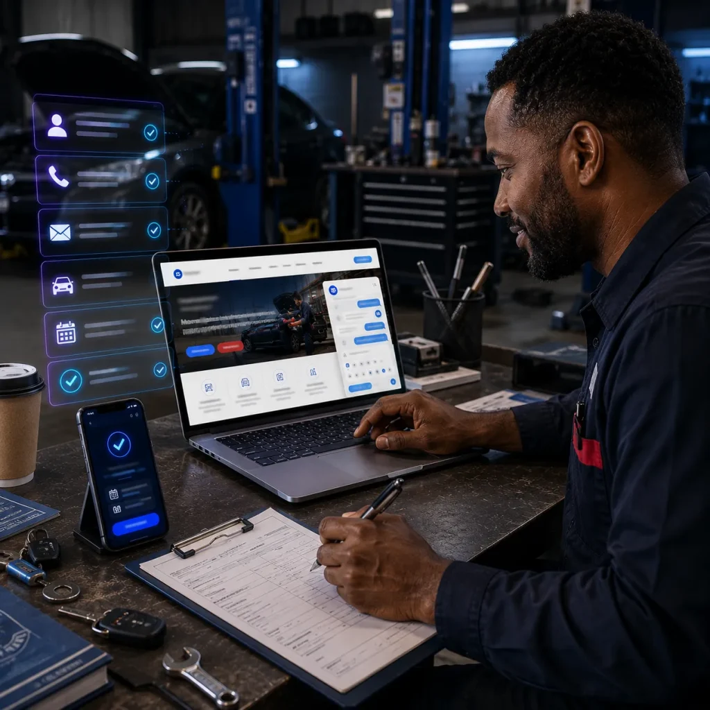Mechanic at a laptop with a clipboard in an auto shop, floating app panels nearby