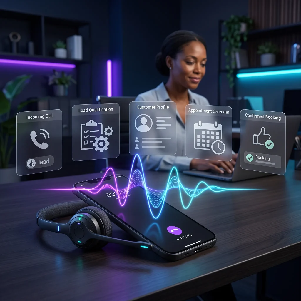 Woman at a desk with a smartphone and headset as floating call-handling panels glow above