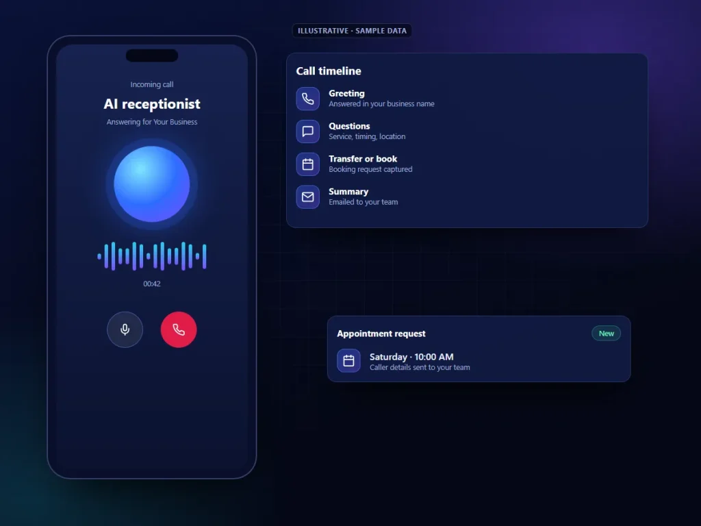 Illustrative AI phone agent call screen and call timeline