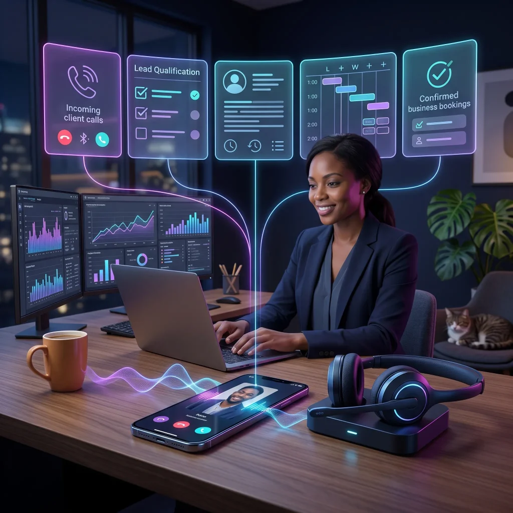 Woman at a laptop with holographic workflow cards, phone and headset on the desk