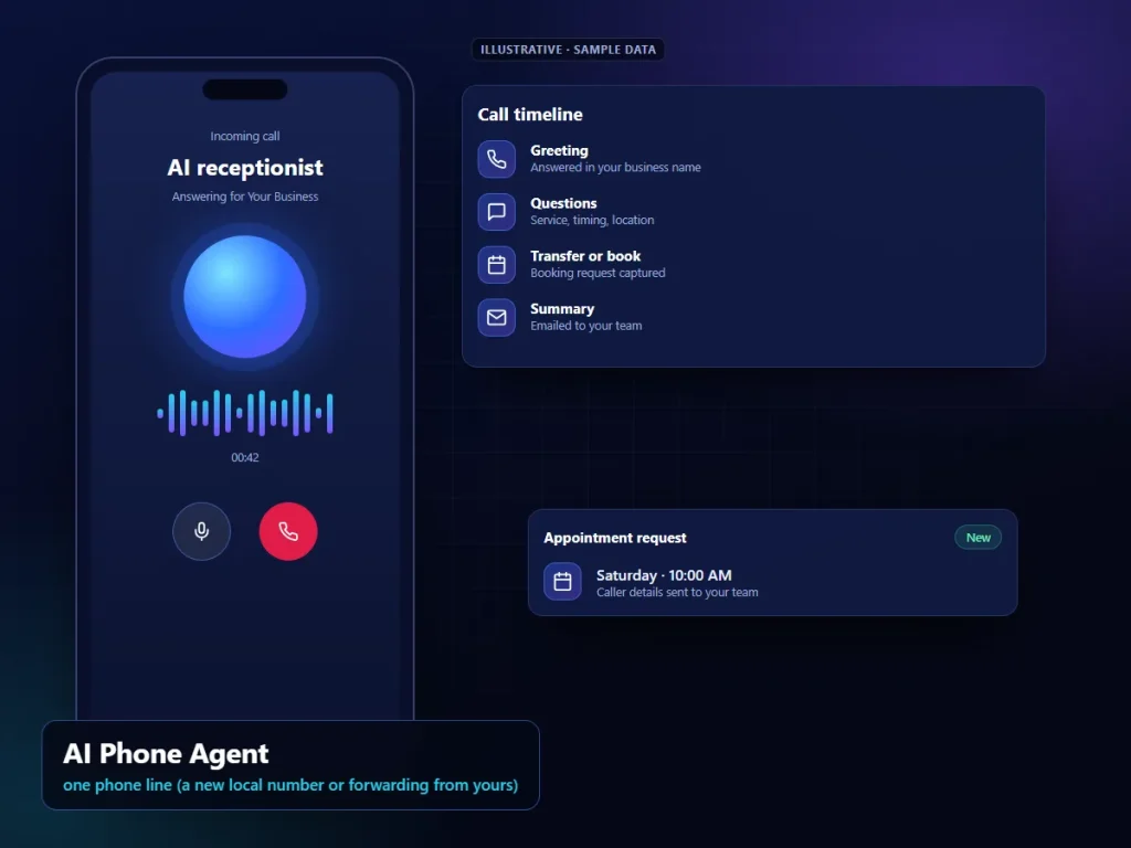 AI Phone Agent: illustrative phone interface (sample content)