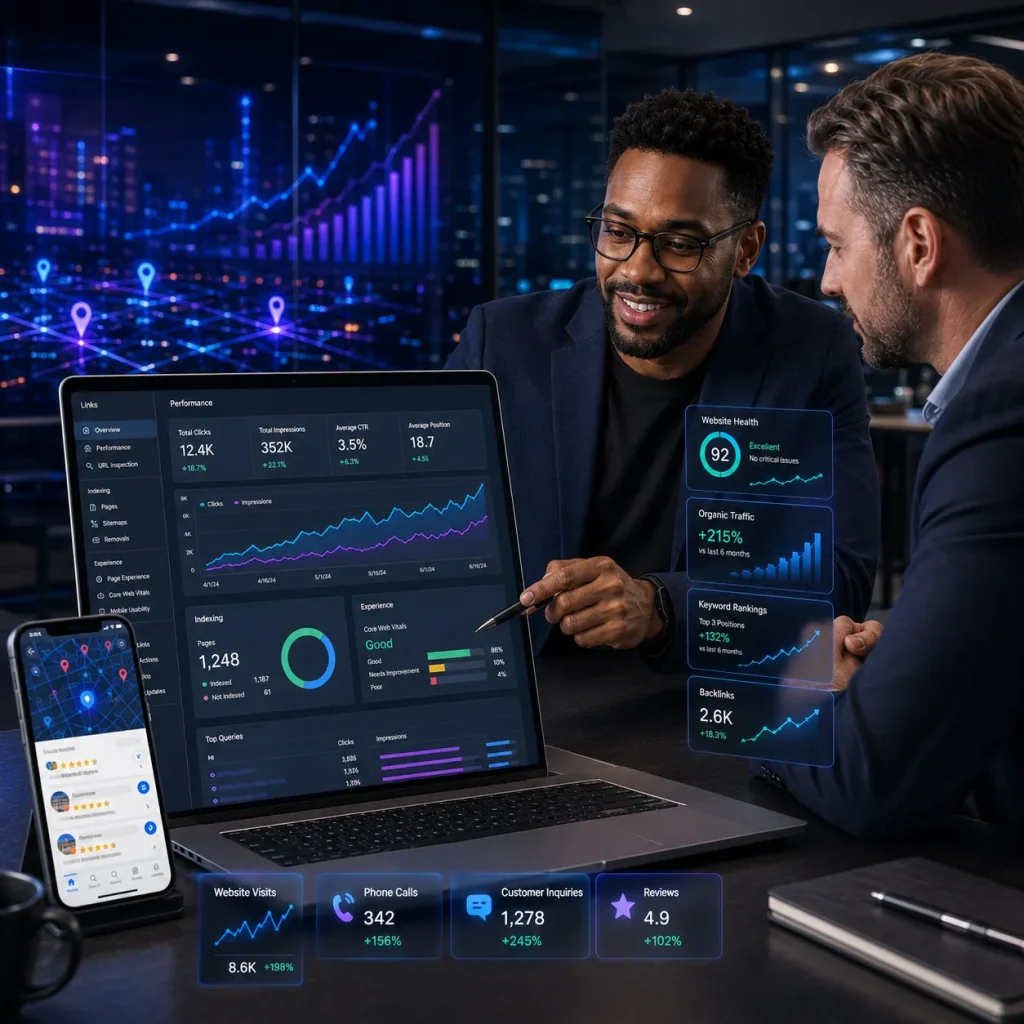 Two men reviewing analytics dashboards on a laptop and phone in a dark office