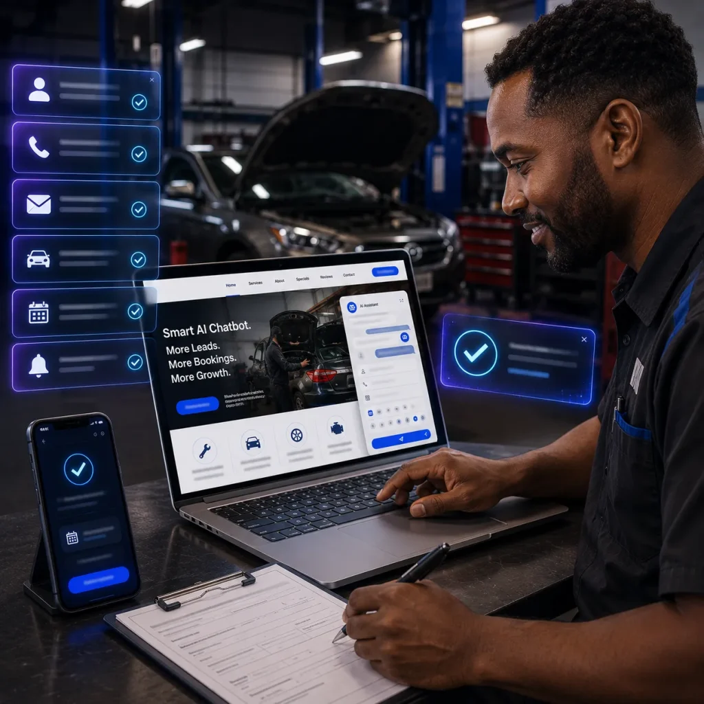 Mechanic at a laptop showing an auto shop website with chatbot, car on a lift behind