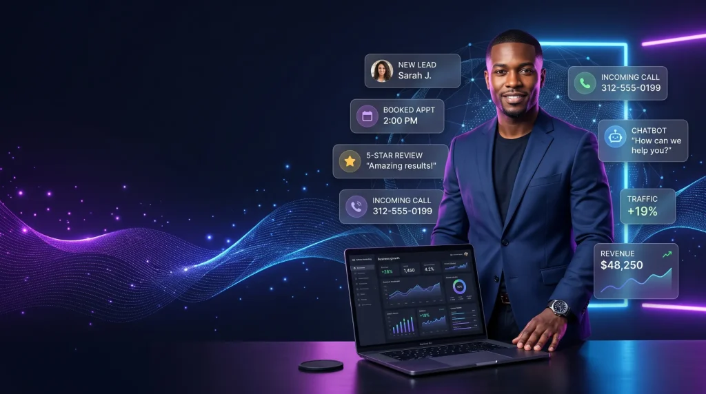Smiling businessman with a laptop beside floating analytics cards and a purple light wave
