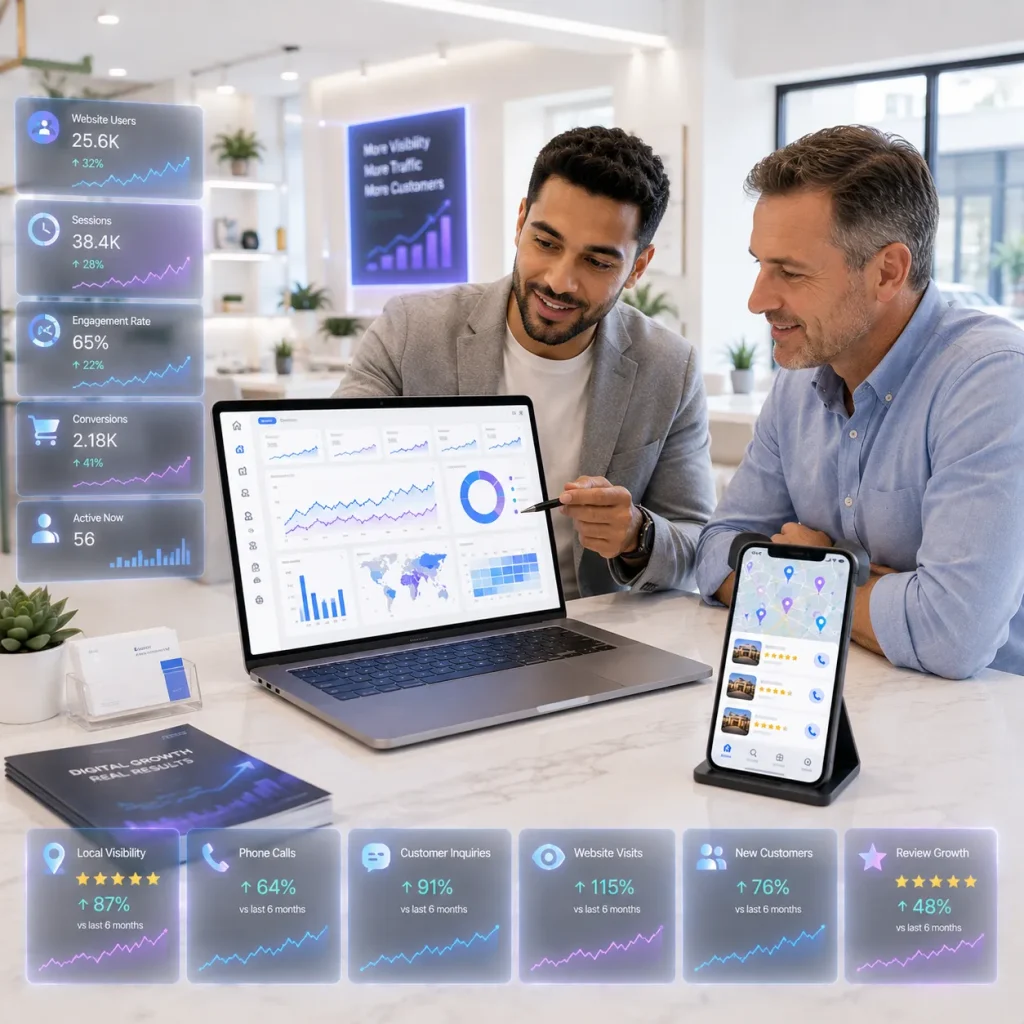 Two men in a bright office reviewing a website dashboard on a laptop and tablet