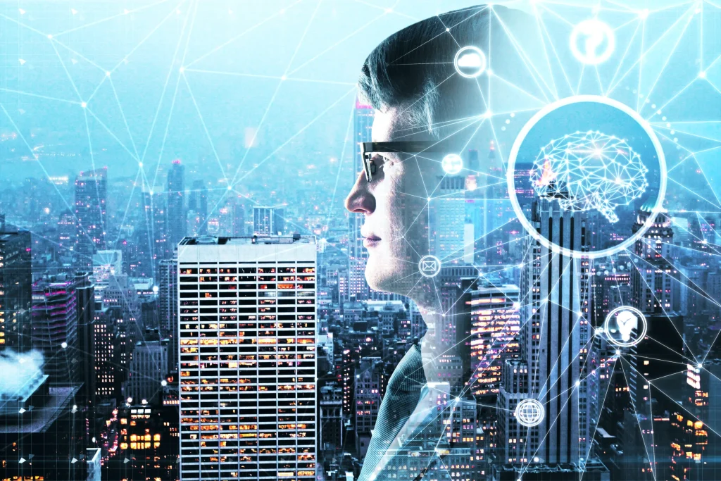 Man in profile with a transparent digital brain and network lines over a city skyline