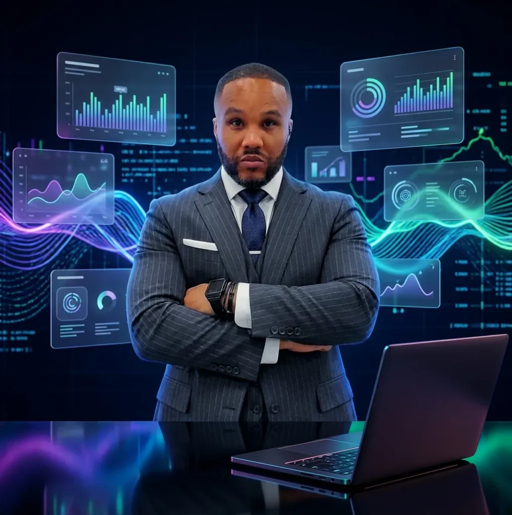 Businessman in a suit with arms crossed between holographic charts and light waves