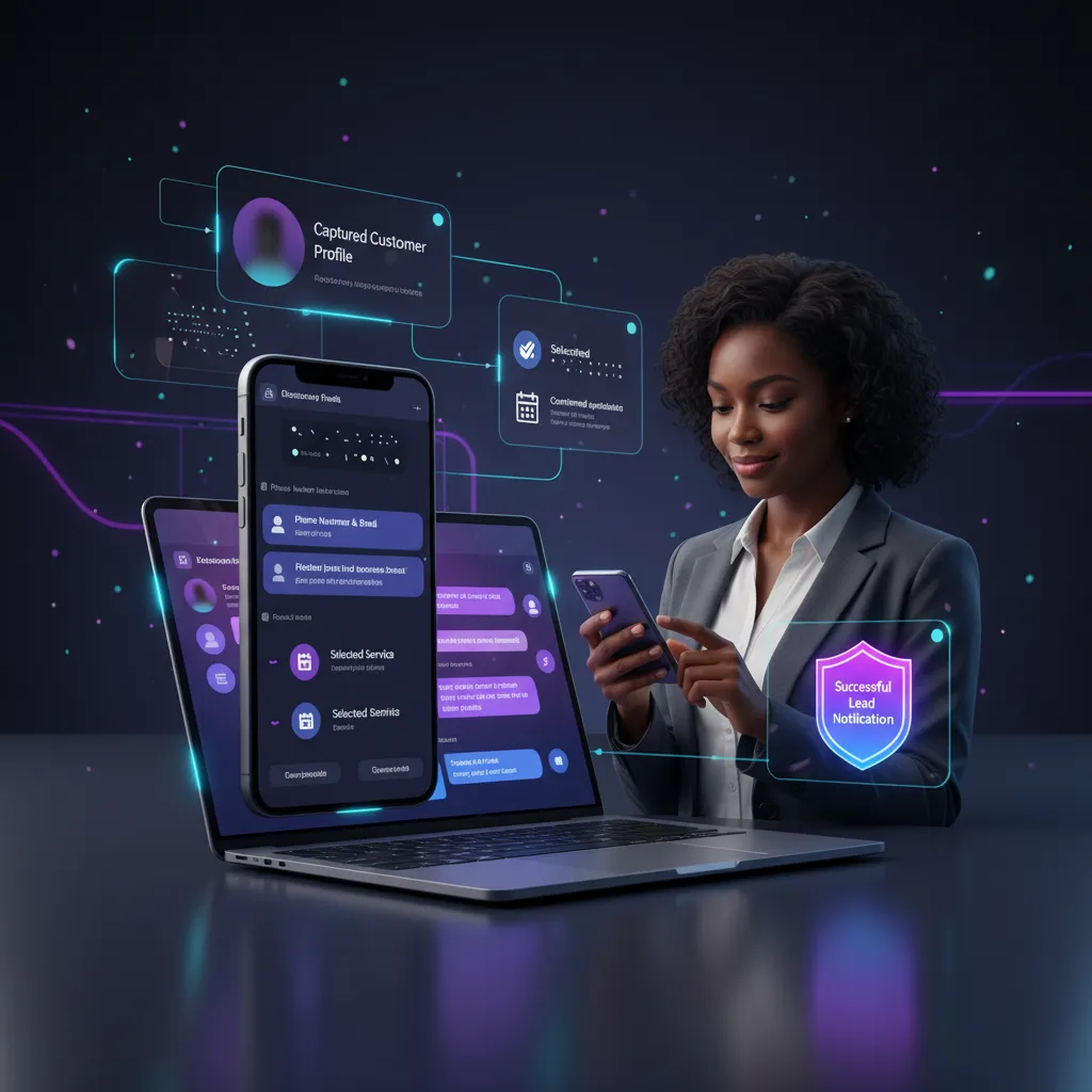 Woman holding a phone beside a laptop with floating chat and lead panels and a shield icon