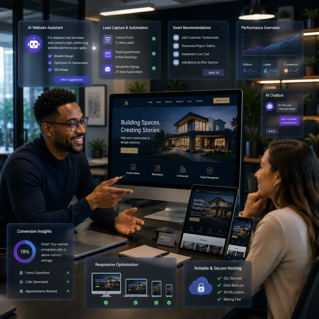 Man and woman at a desk reviewing a construction company website on a large monitor