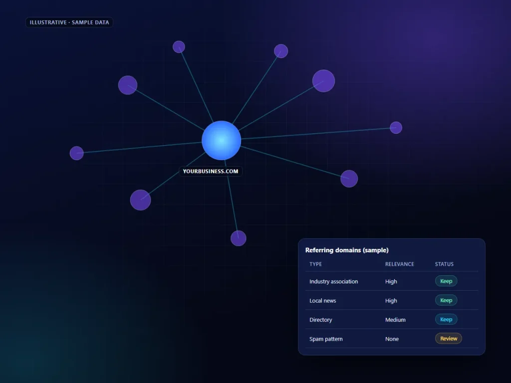 Illustrative backlink analysis graph and referring domains table