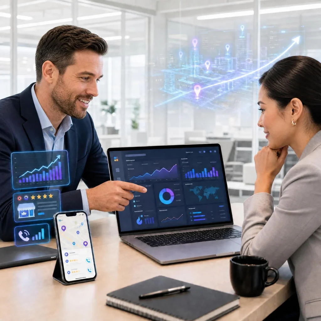 Man and woman at a laptop with an analytics dashboard and a phone showing a map