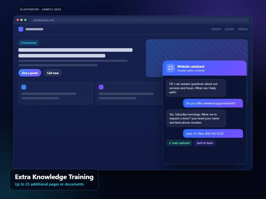Extra Knowledge Training: illustrative chatbot interface (sample content)