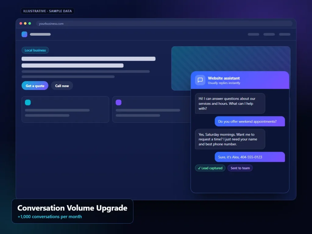 Conversation Volume Upgrade: illustrative chatbot interface (sample content)