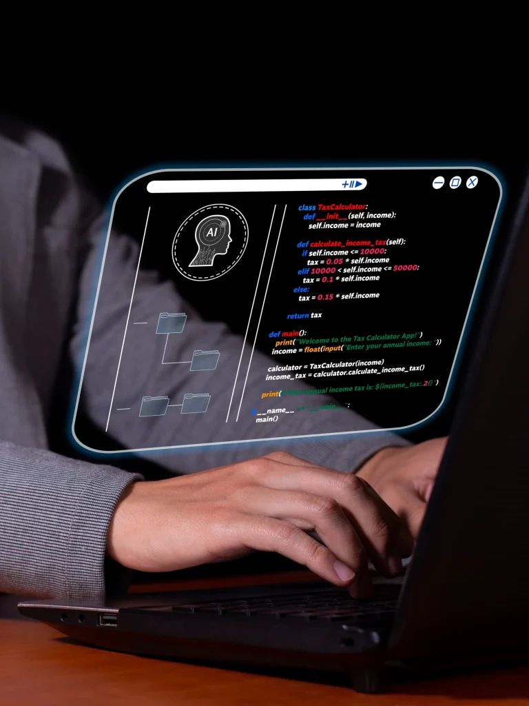 Hands typing on a laptop with a holographic code panel and AI head icon