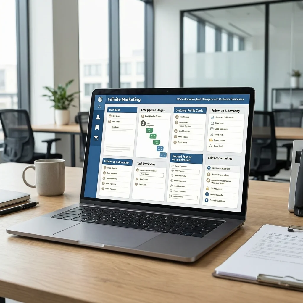 Laptop on a desk showing a CRM pipeline board with lead stages in a bright office