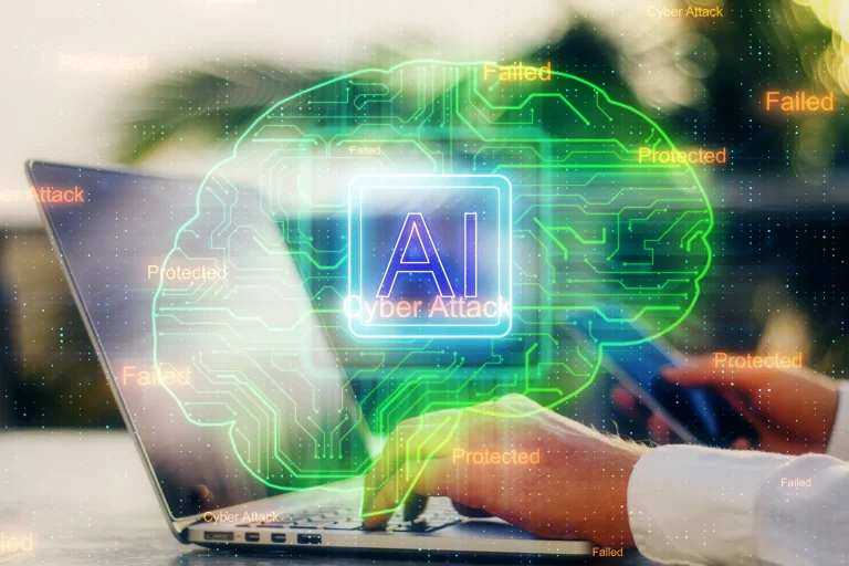 Hands on a laptop with a glowing green AI brain and cyber attack warning