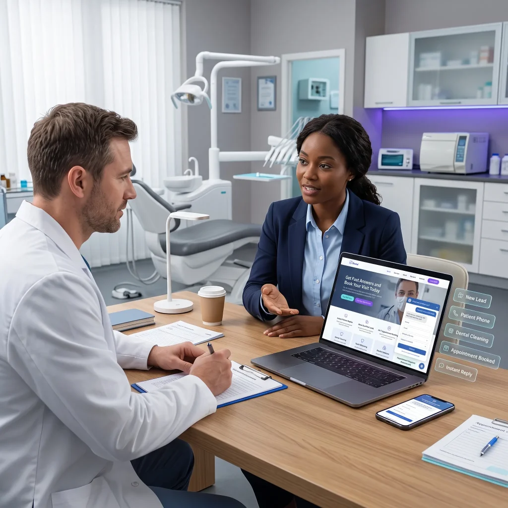 Dentist and businesswoman talking at a desk with a laptop in a dental clinic