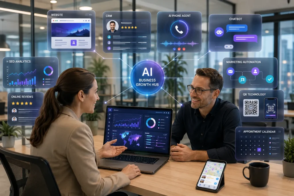 Woman and man at laptops in an office with floating AI business growth panels