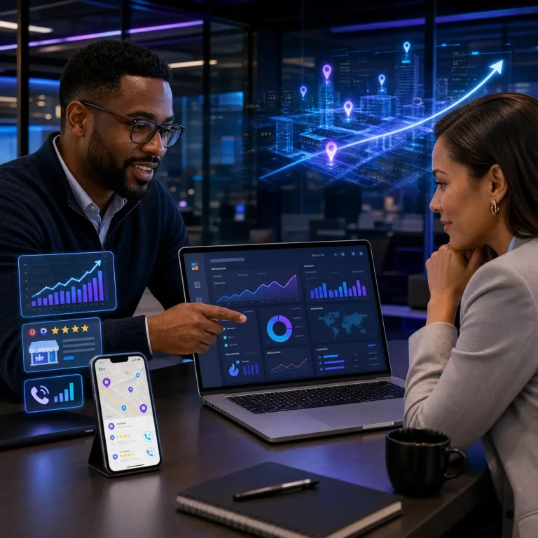 Man pointing at a laptop dashboard for a woman in a dark office with a map wall