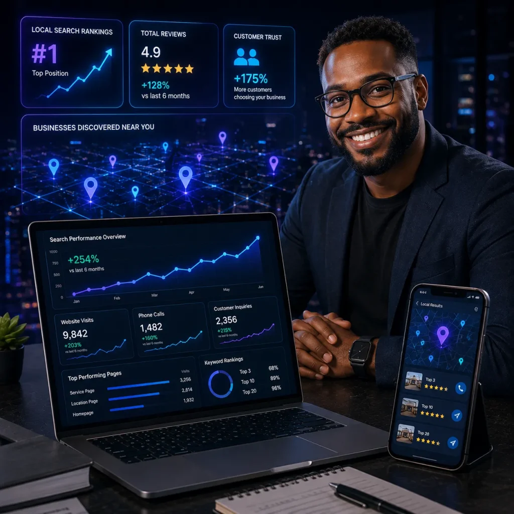 Smiling man with a laptop and phone showing local search ranking and review stats