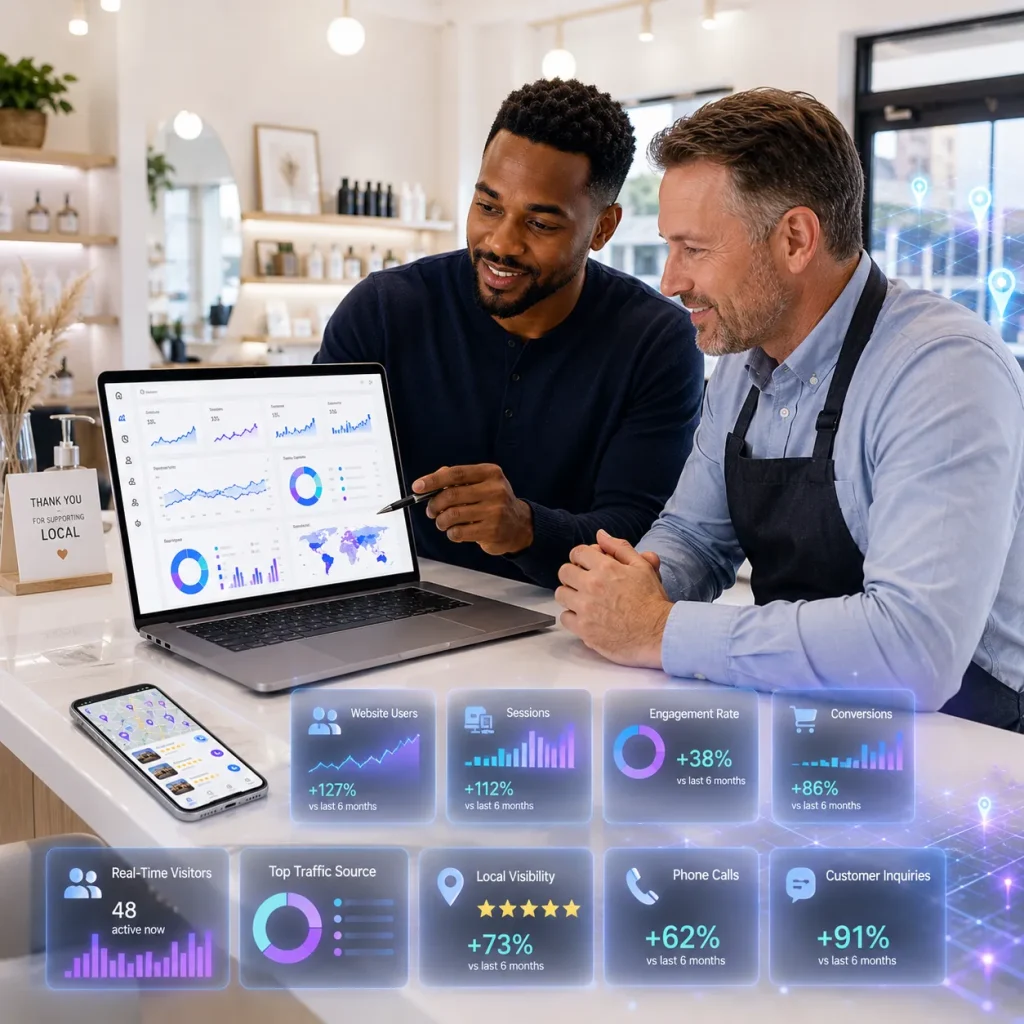 Shop owner in an apron and consultant reviewing analytics on a laptop with floating stats