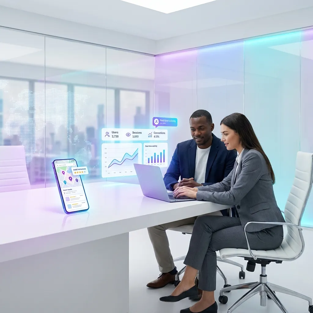 Man and woman at a laptop in a white office with floating phone and search panels