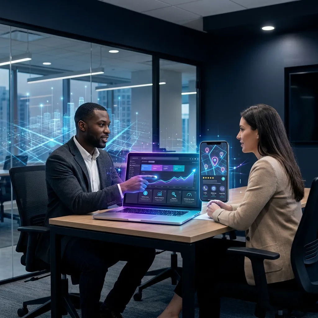 Man and woman at a desk with a laptop showing a dashboard in a dark office