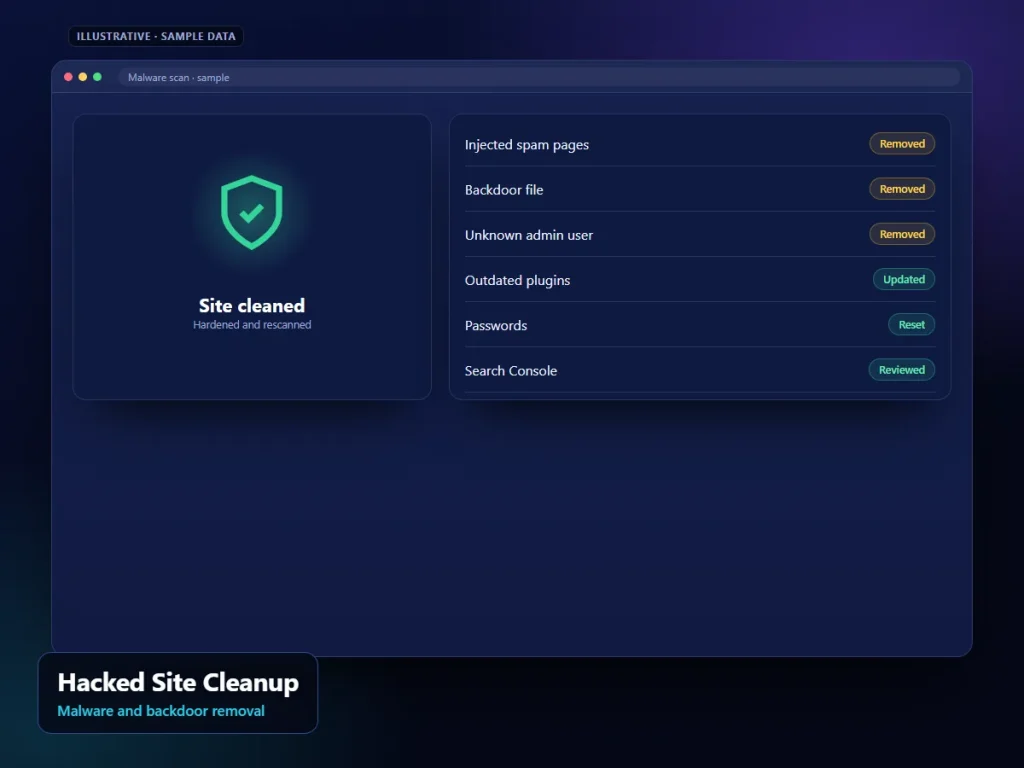 Hacked Site Cleanup: illustrative cleanup interface (sample content)