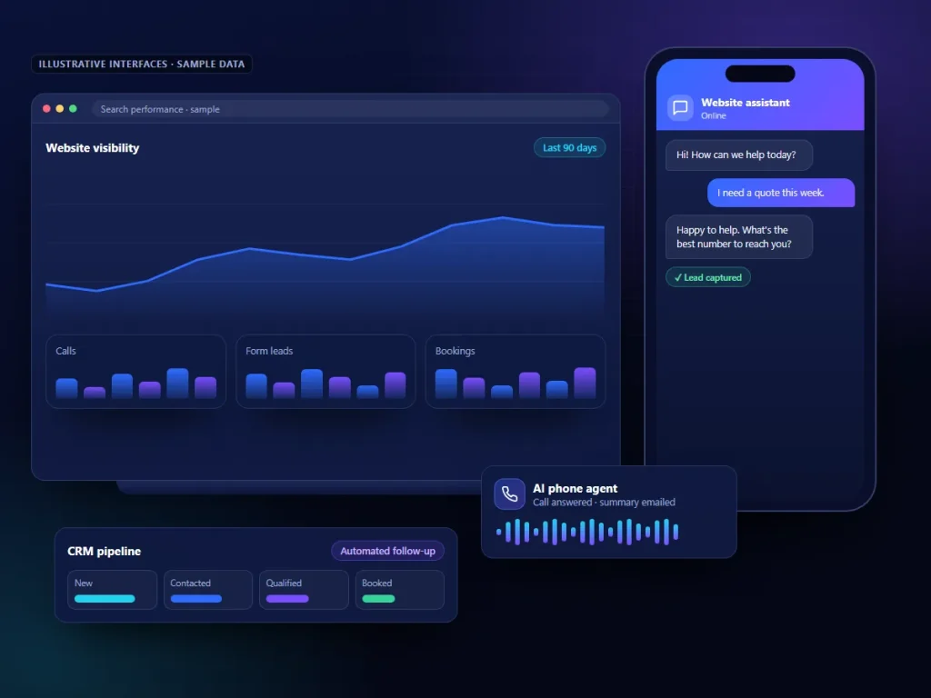 Illustrative dashboard, chatbot, phone agent and CRM interfaces