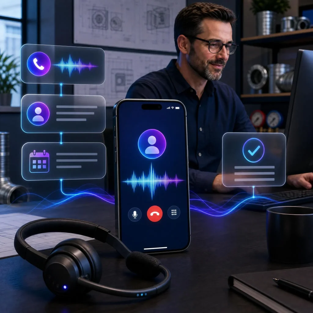 Man with glasses at a laptop beside a phone showing an AI call and a headset